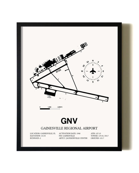 Framed Gainesville Regional Airport wall art poster in black frame