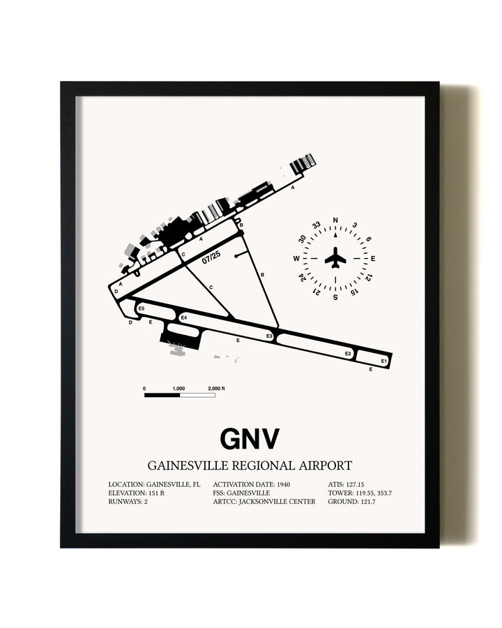 Framed Gainesville Regional Airport wall art poster in black frame