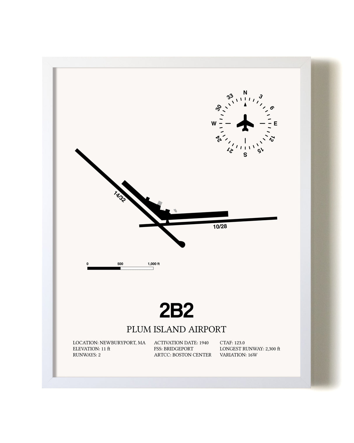 Plum Island Airport airport map poster in oak frame