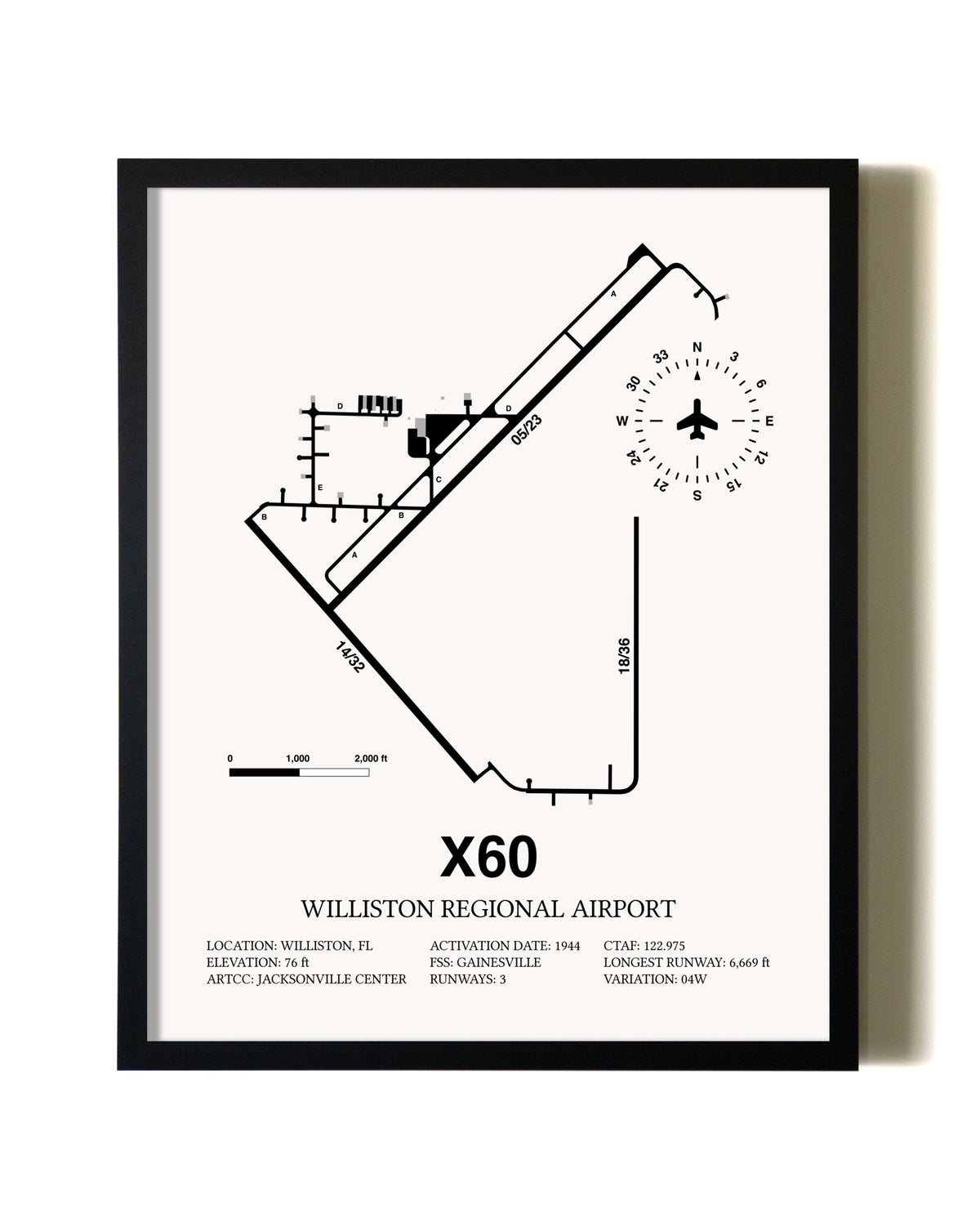 Framed Williston Regional Airport wall art poster in black frame