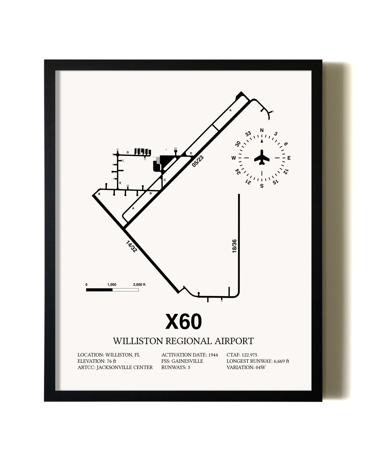 Framed Williston Regional Airport wall art poster in black frame