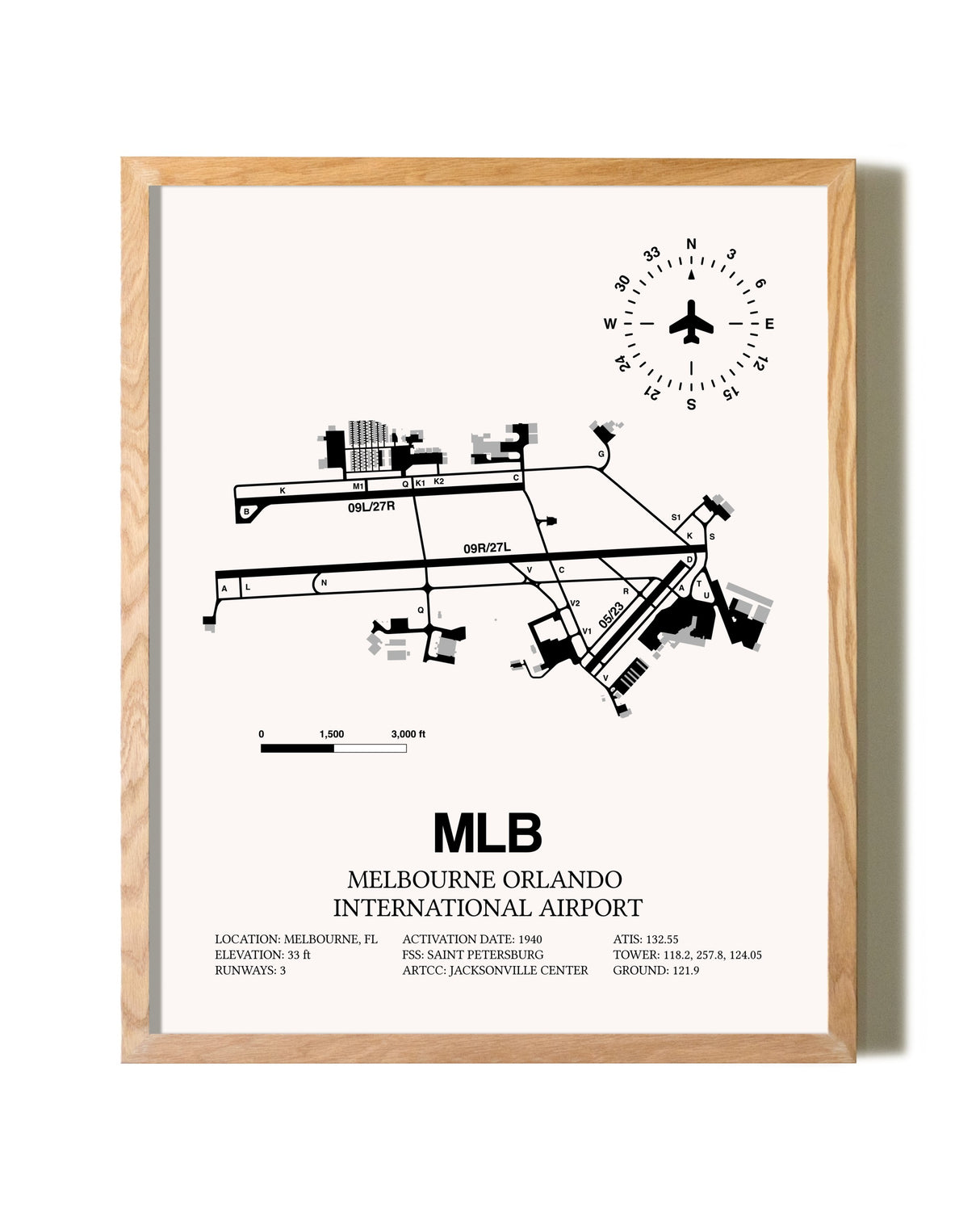 Melbourne Orlando International Airport framed print in natural wood frame