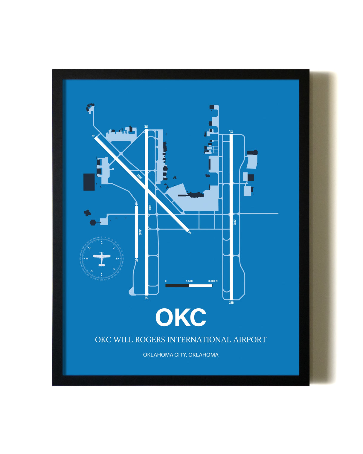 Sky Blue OKC Will Rogers International Airport aviation wall décor in black wood frame