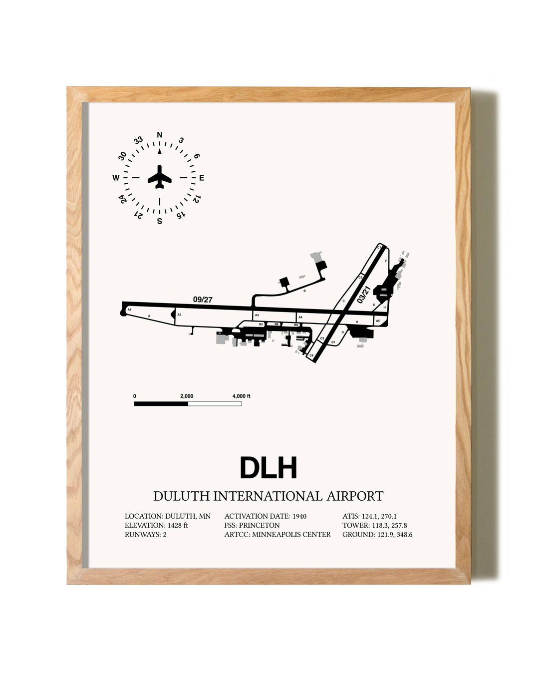 Duluth International Airport framed print in natural wood frame