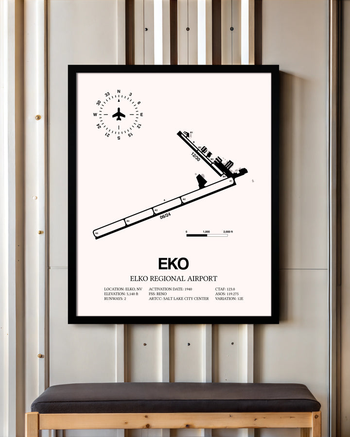Elko Regional Airport framed poster displayed in an airplane hangar