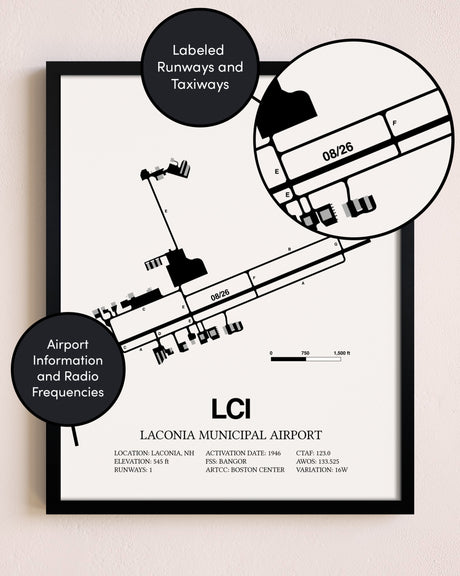 Framed Laconia Municipal Airport layout wall art poster