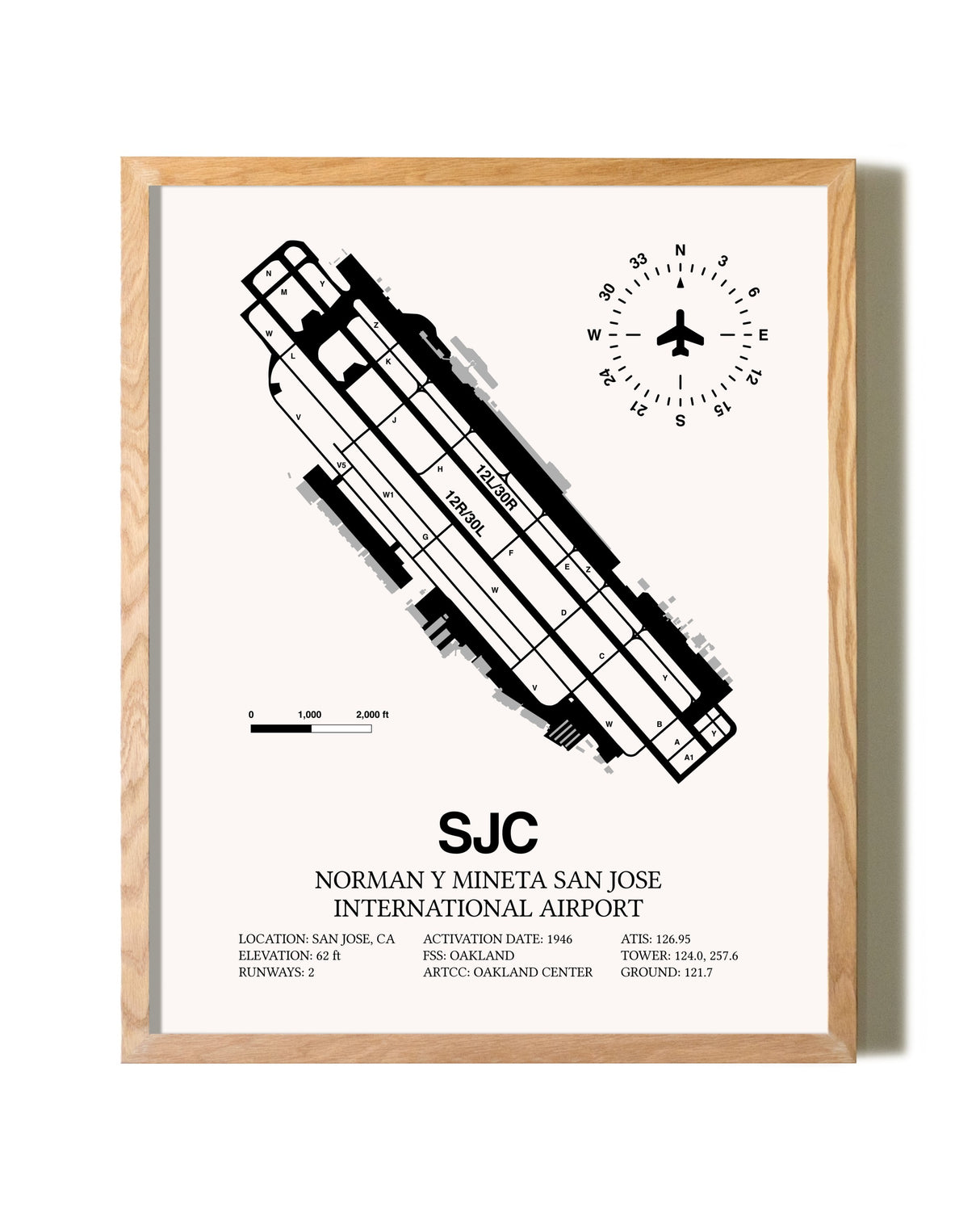 San Jose Mineta International Airport framed print in natural wood frame