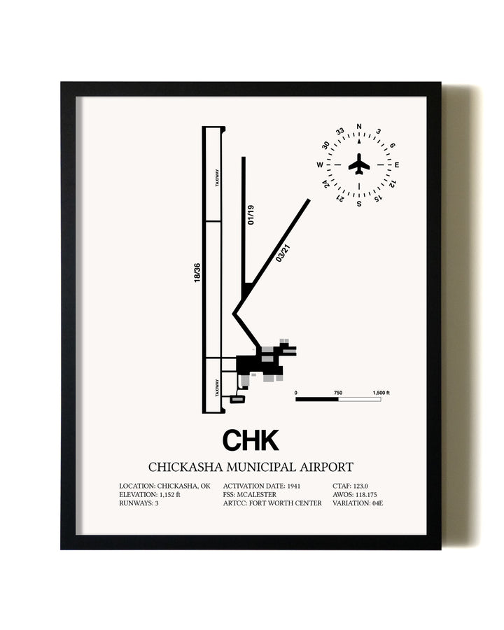 Framed Chickasha Municipal Airport wall art poster in black frame