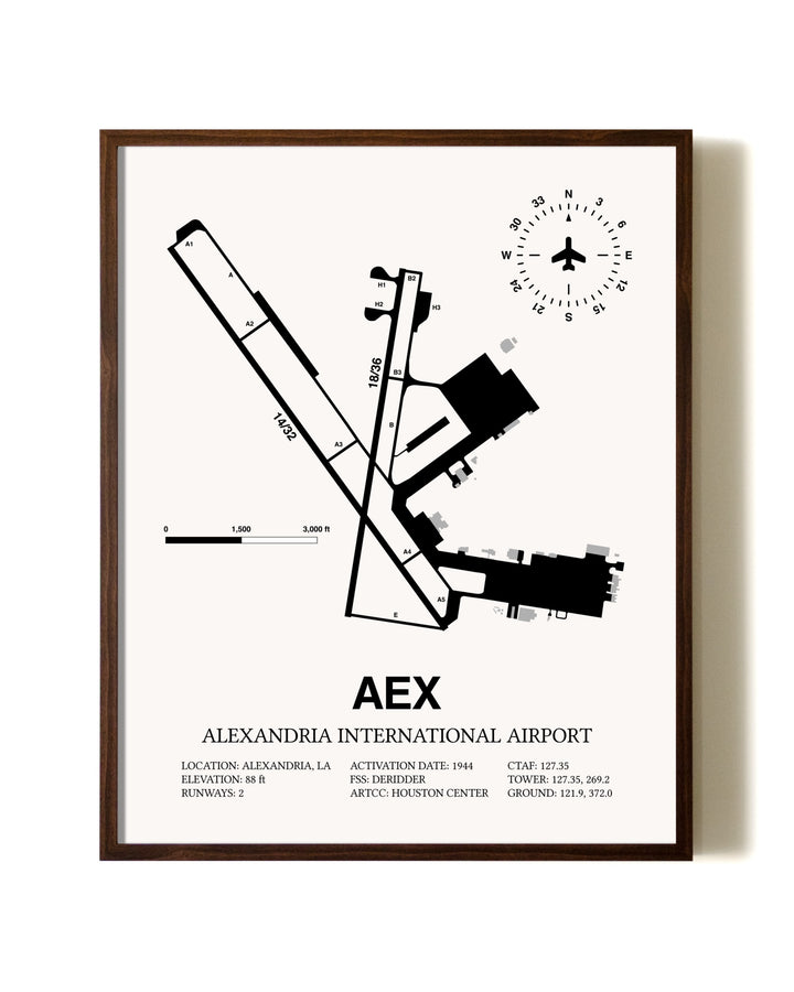 Alexandria International Airport aviation print in walnut frame
