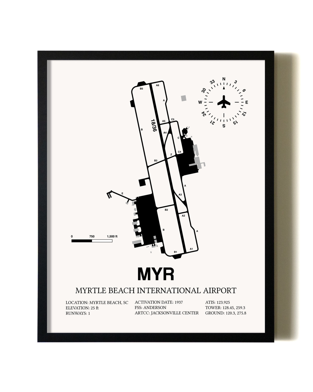 Framed Myrtle Beach International Airport wall art poster in black frame