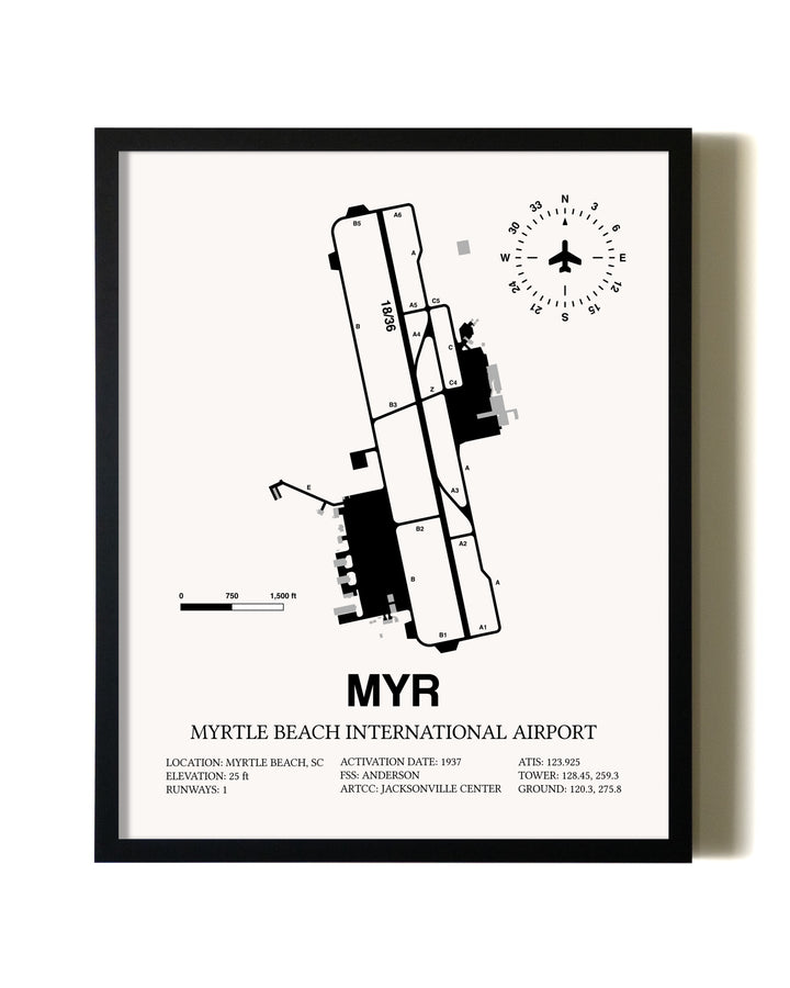 Framed Myrtle Beach International Airport wall art poster in black frame