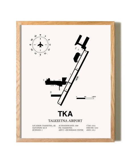 Talkeetna Airport framed print in natural wood frame