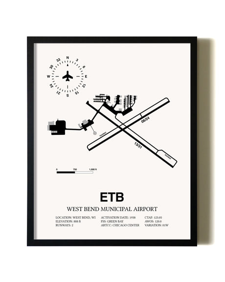 Framed West Bend Municipal Airport wall art poster in black frame