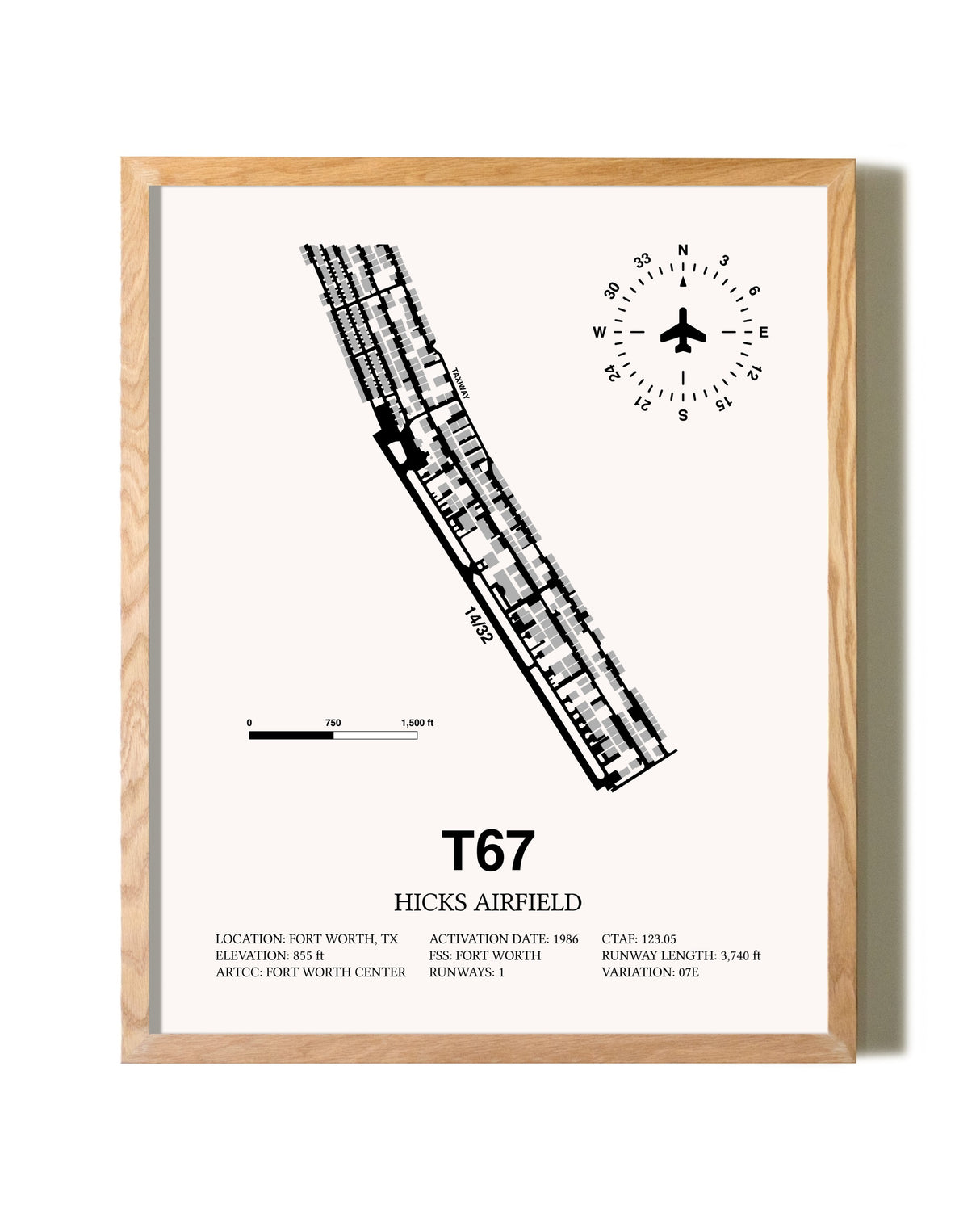 Hicks Airfield framed print in natural wood frame