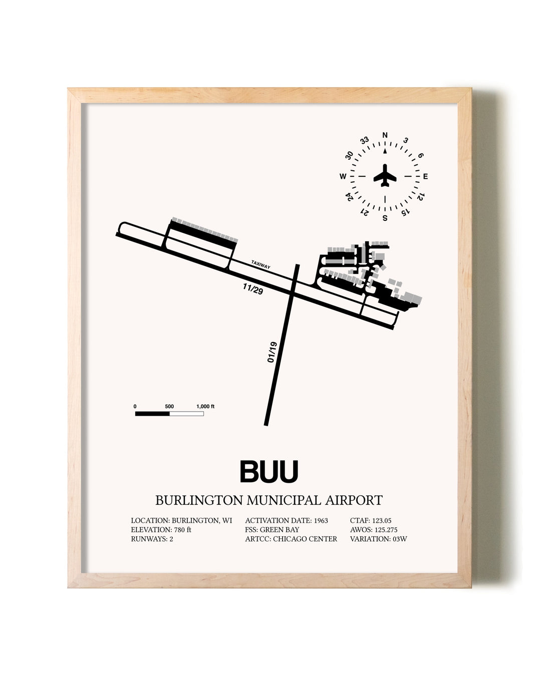 Burlington Municipal Airport framed wall art in white frame