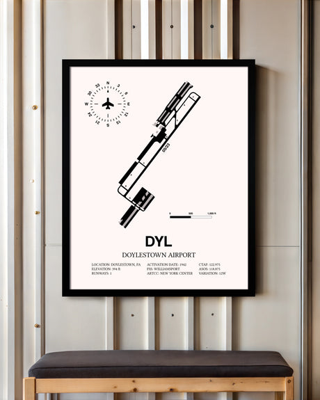 Doylestown Airport framed poster displayed in an airplane hangar