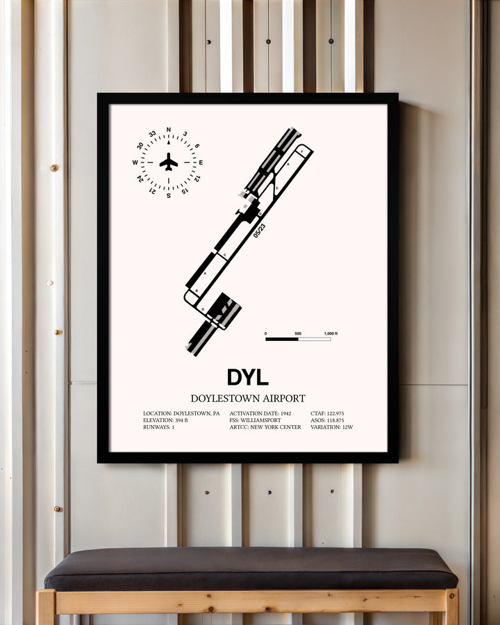 Doylestown Airport framed poster displayed in an airplane hangar