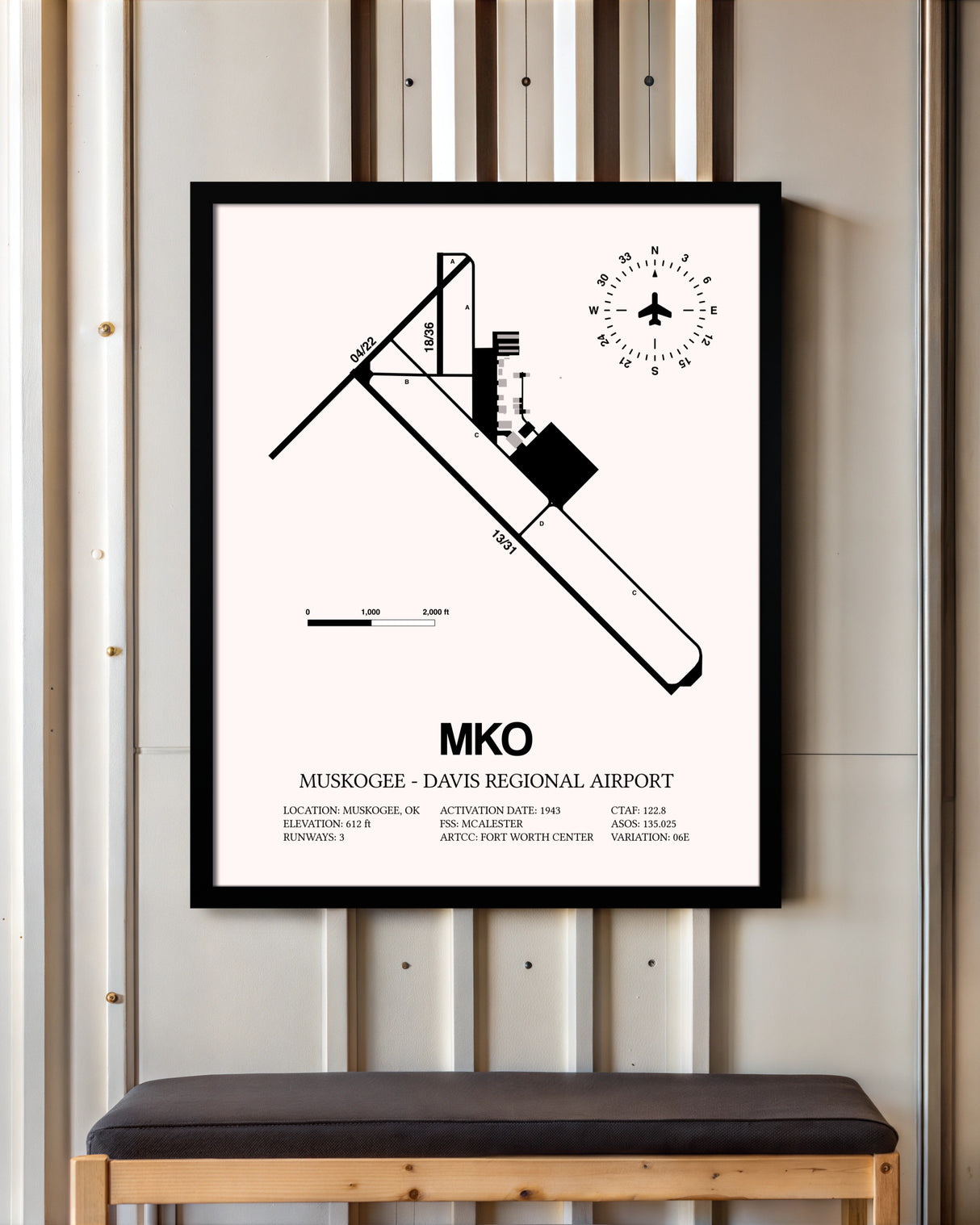 Muskogee-Davis Regional Airport framed poster displayed in an airplane hangar