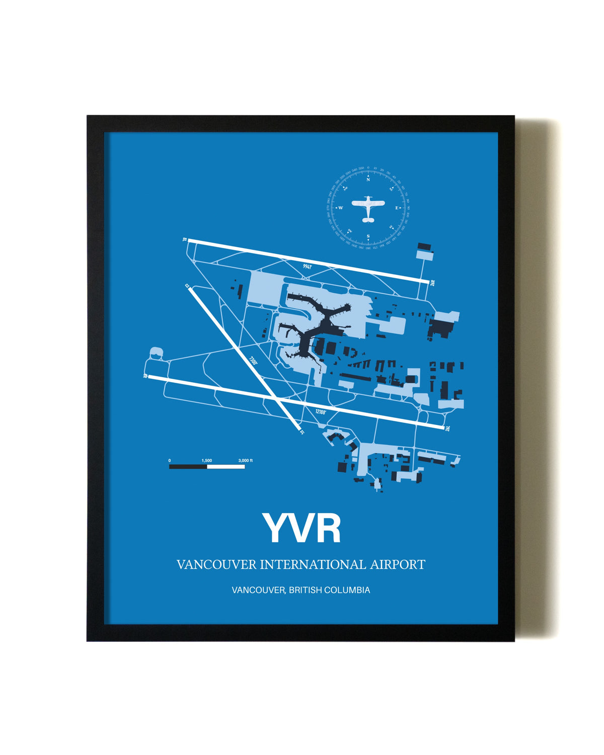Sky Blue Vancouver International Airport aviation wall décor in black wood frame