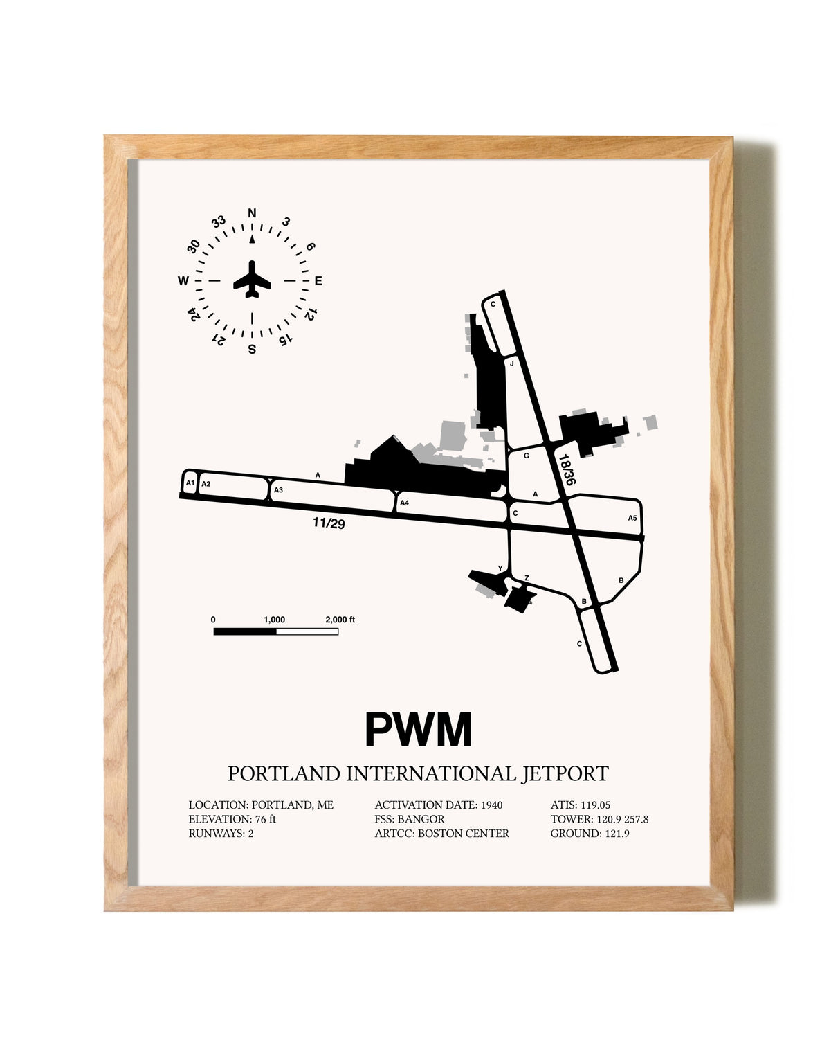 Portland International Jetport framed print in natural wood frame