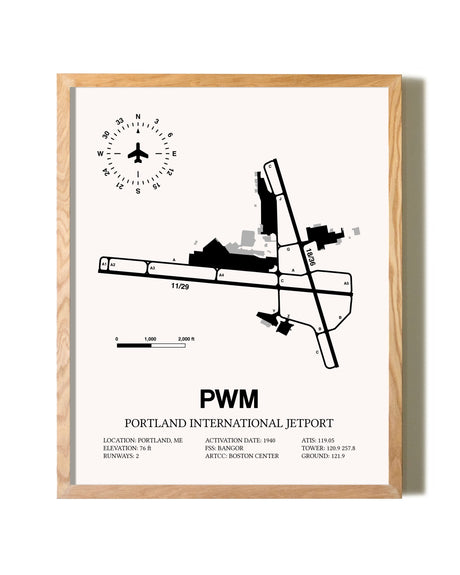 Portland International Jetport framed print in natural wood frame