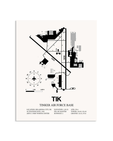 Gray Tinker Air Force Base framed poster displayed in an airplane hangar