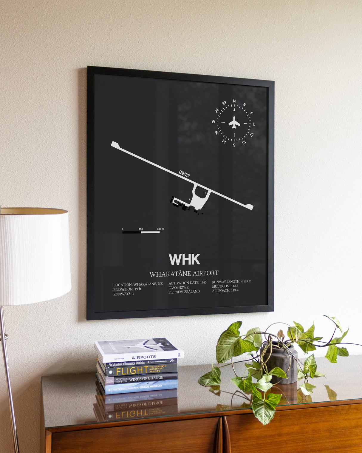 Gray Framed Whakatane Airport wall art poster in black frame