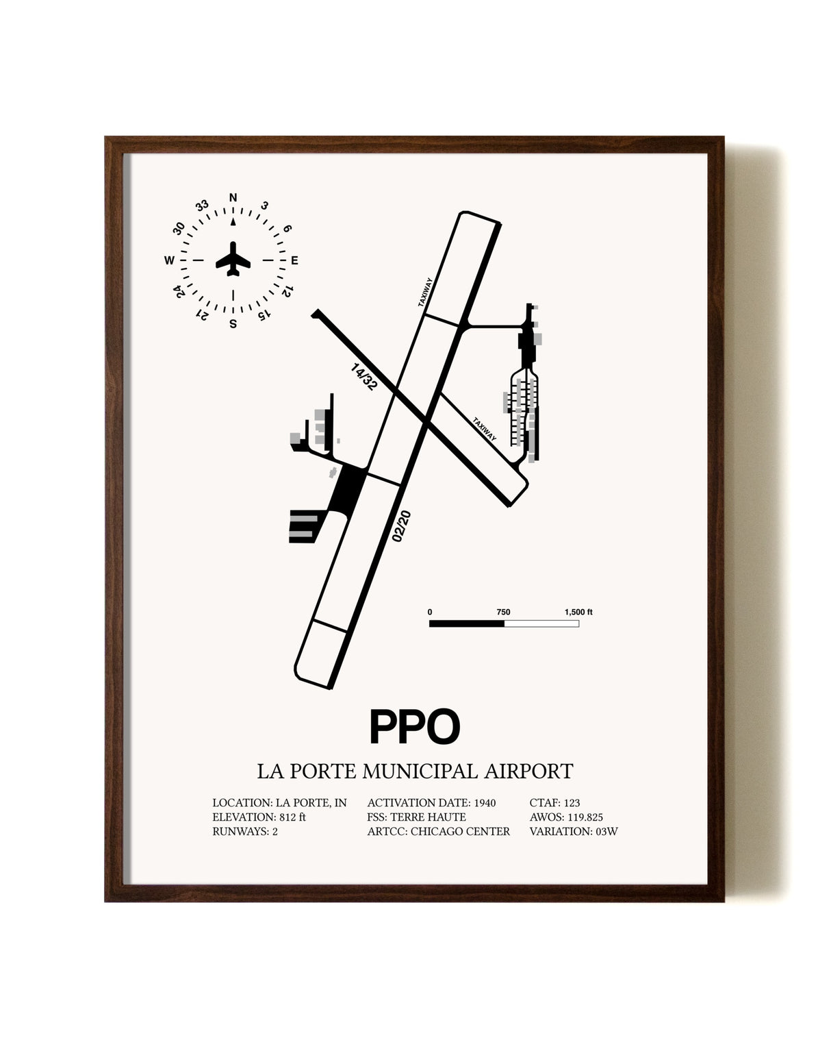La Porte Municipal Airport aviation print in walnut frame