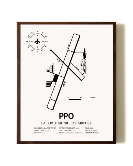 La Porte Municipal Airport aviation print in walnut frame