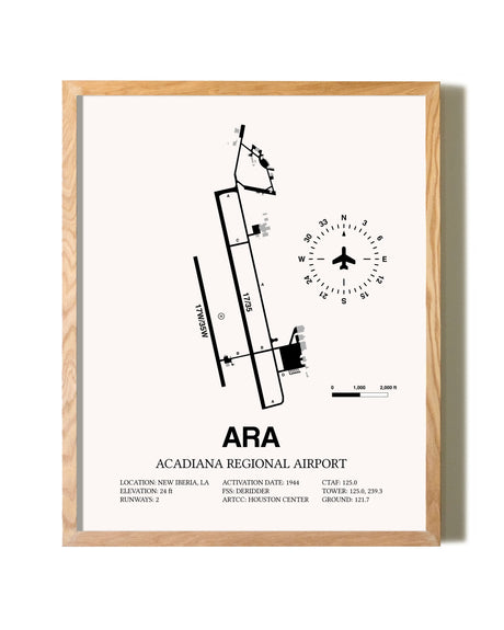 Acadiana Regional Airport framed print in natural wood frame