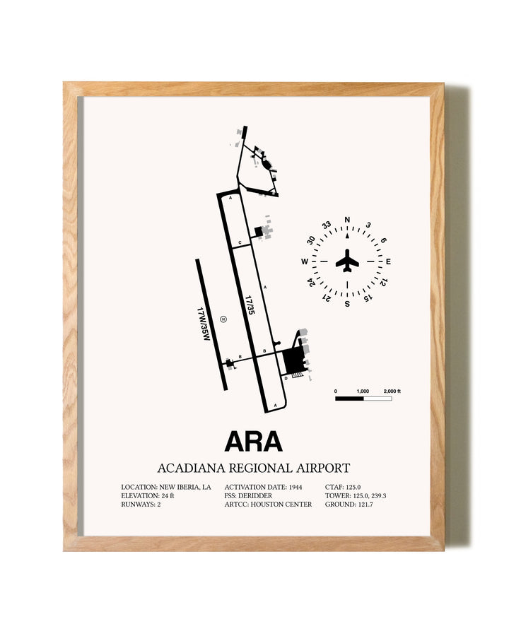 Acadiana Regional Airport framed print in natural wood frame