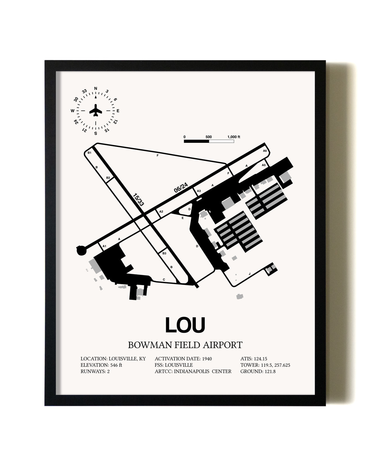 Framed Bowman Field Airport wall art poster in black frame