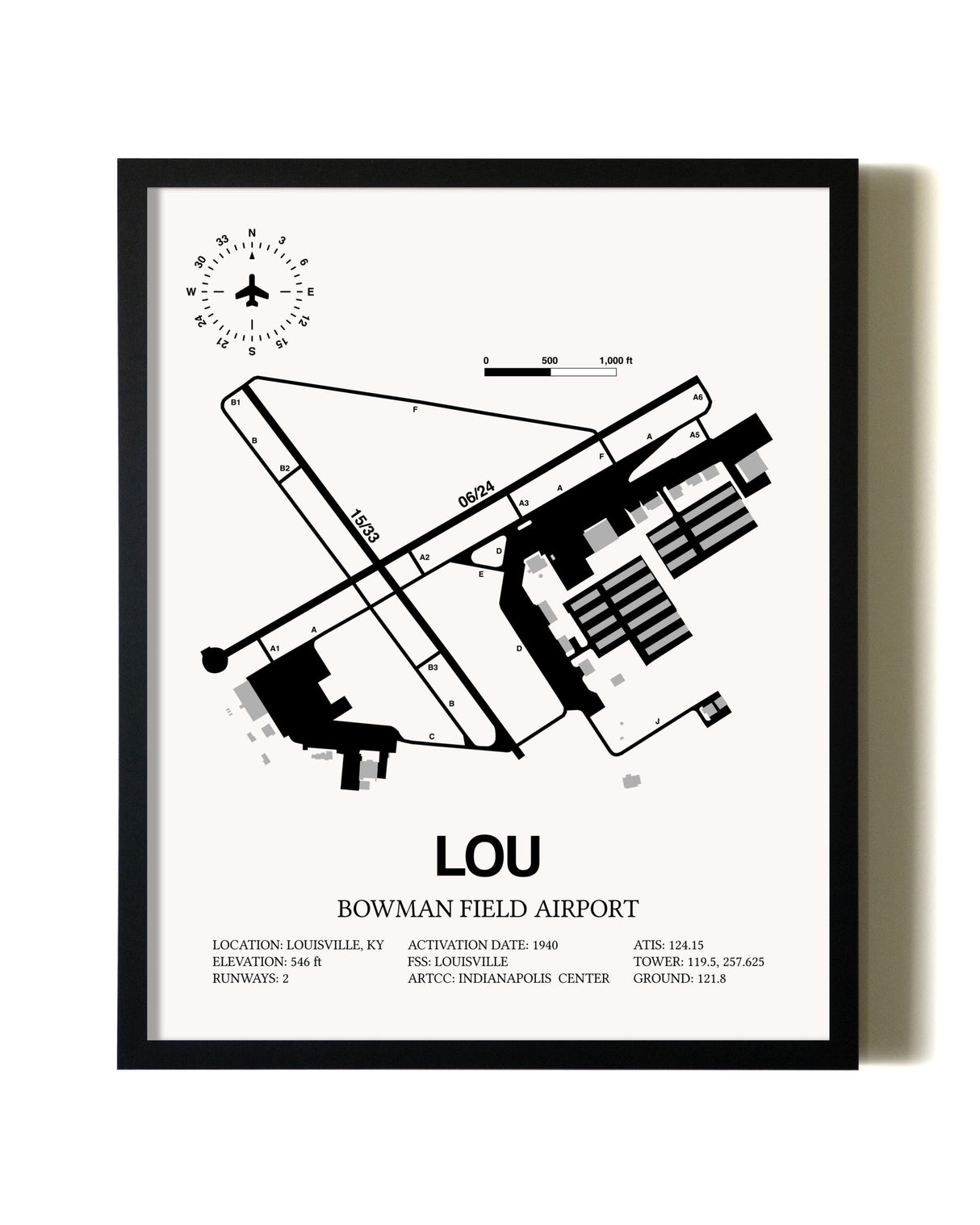 Framed Bowman Field Airport wall art poster in black frame
