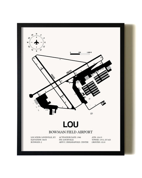 Framed Bowman Field Airport wall art poster in black frame