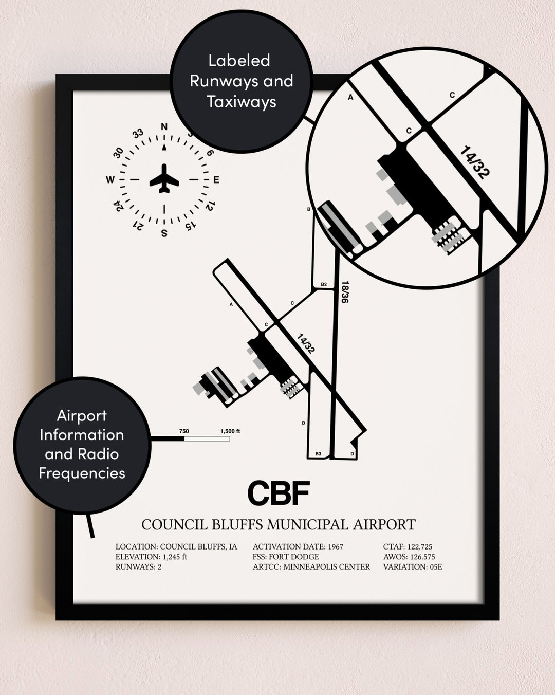 Framed Council Bluffs Municipal Airport layout wall art poster
