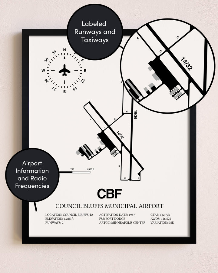 Framed Council Bluffs Municipal Airport layout wall art poster