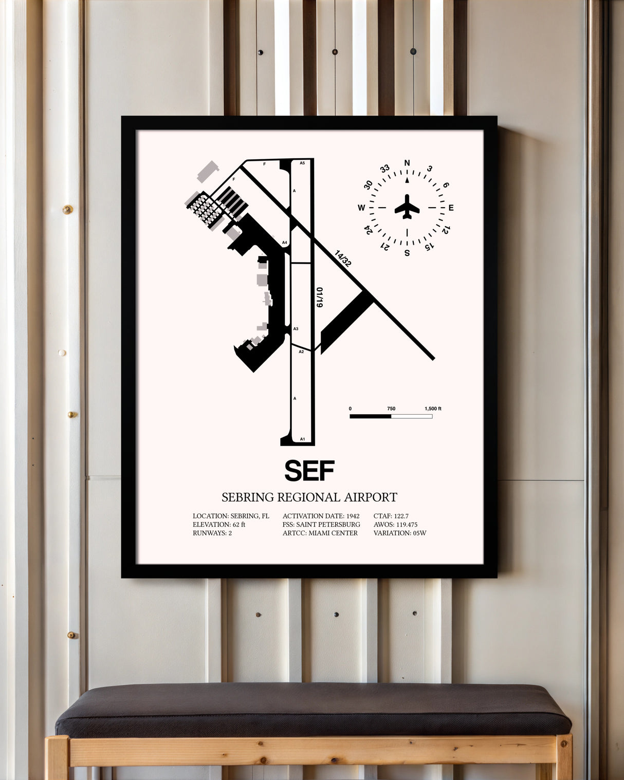 Sebring Regional Airport framed poster displayed in an airplane hangar