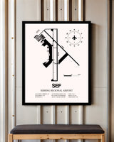 Sebring Regional Airport framed poster displayed in an airplane hangar