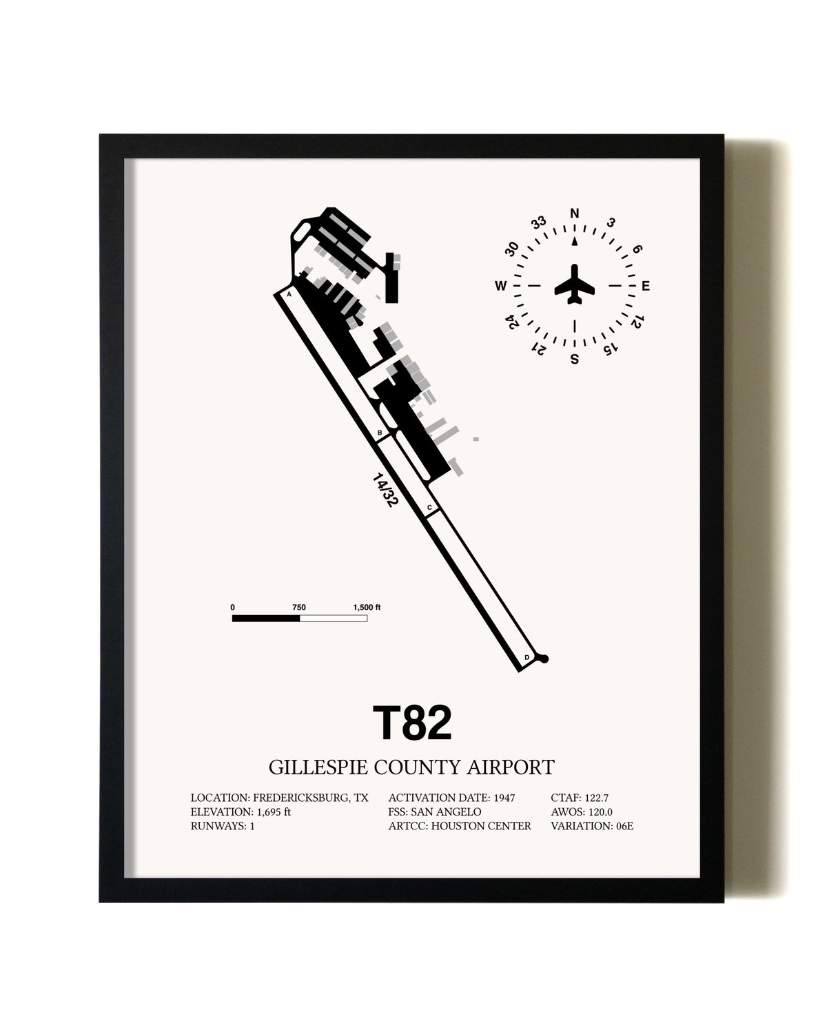 Framed Gillespie County Airport wall art poster in black frame