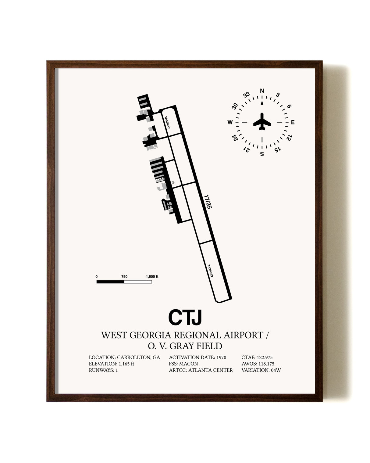 West Georgia Regional Airport/ O. V. Gray Field aviation print in walnut frame