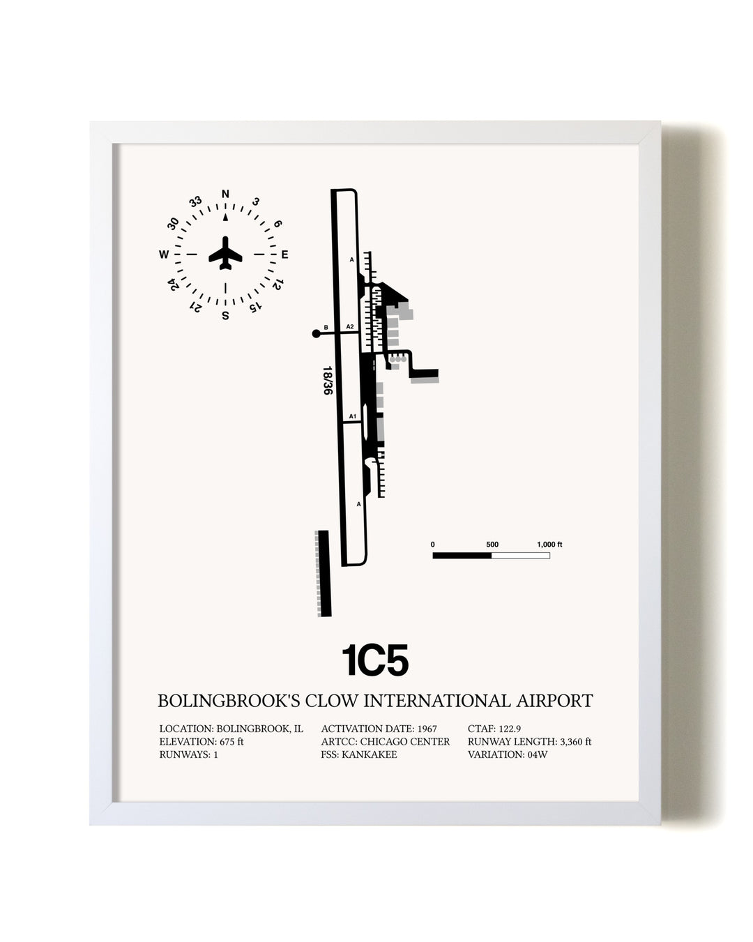 Bolingbrook's Clow International Airport airport map poster in oak frame