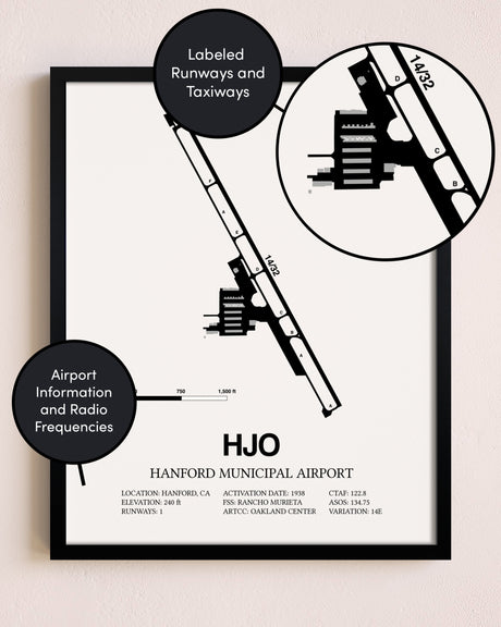 Framed Hanford Municipal Airport layout wall art poster