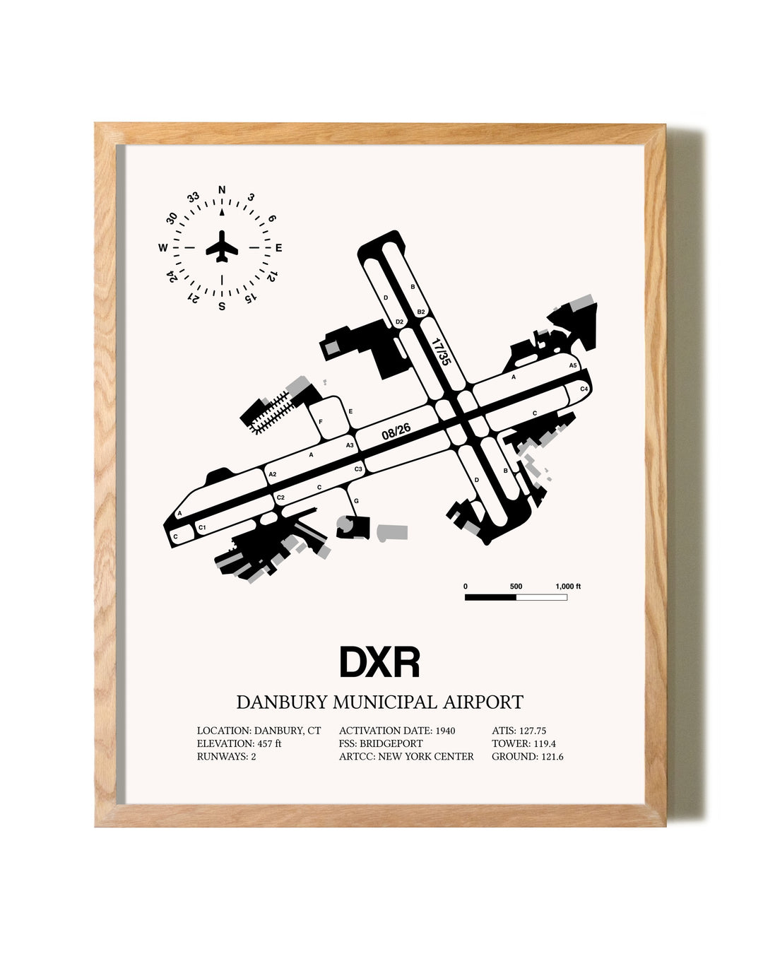 Danbury Municipal Airport framed print in natural wood frame