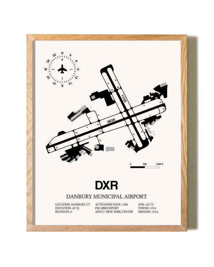 Danbury Municipal Airport framed print in natural wood frame