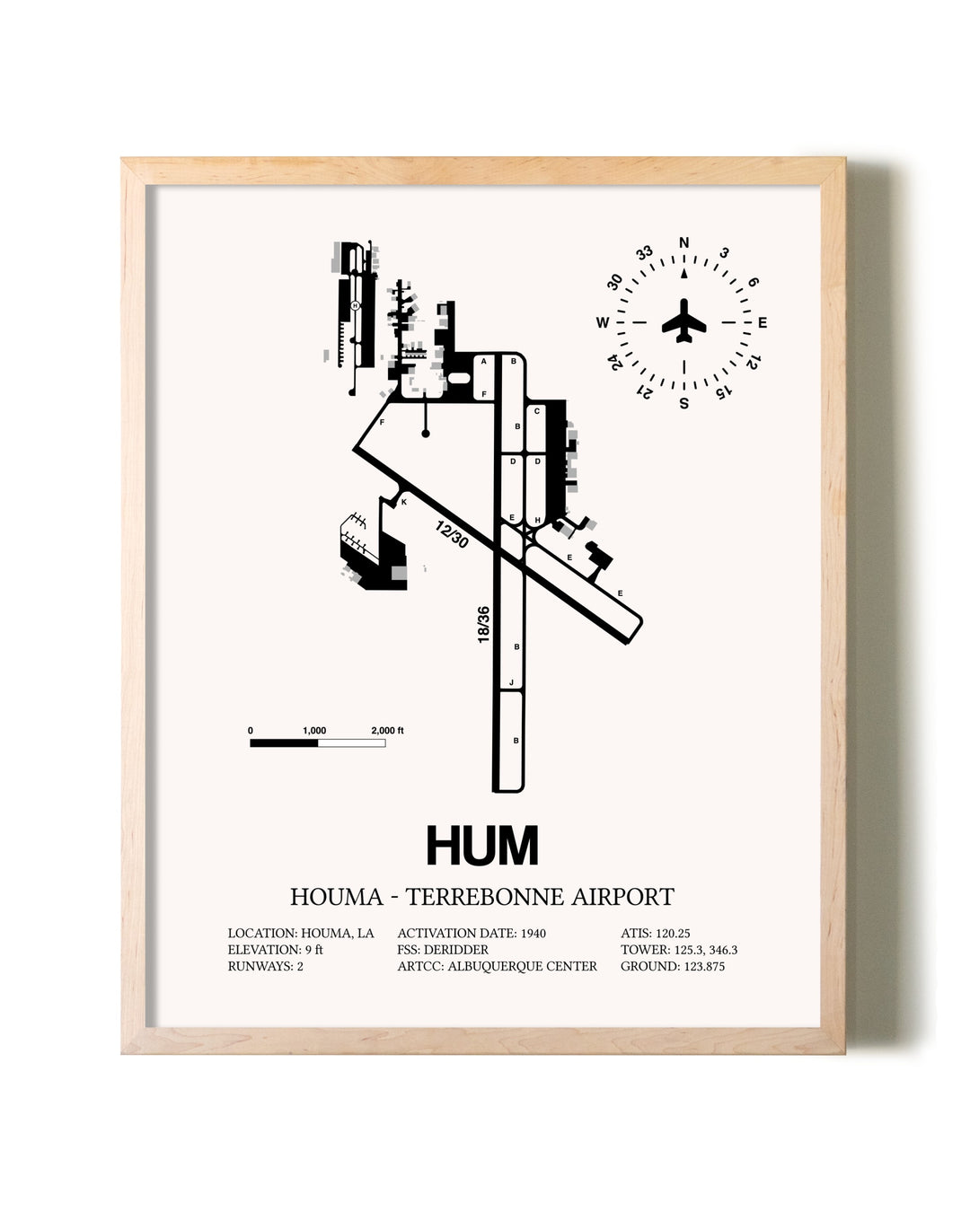 Houma-Terrebonne Airport framed wall art in white frame