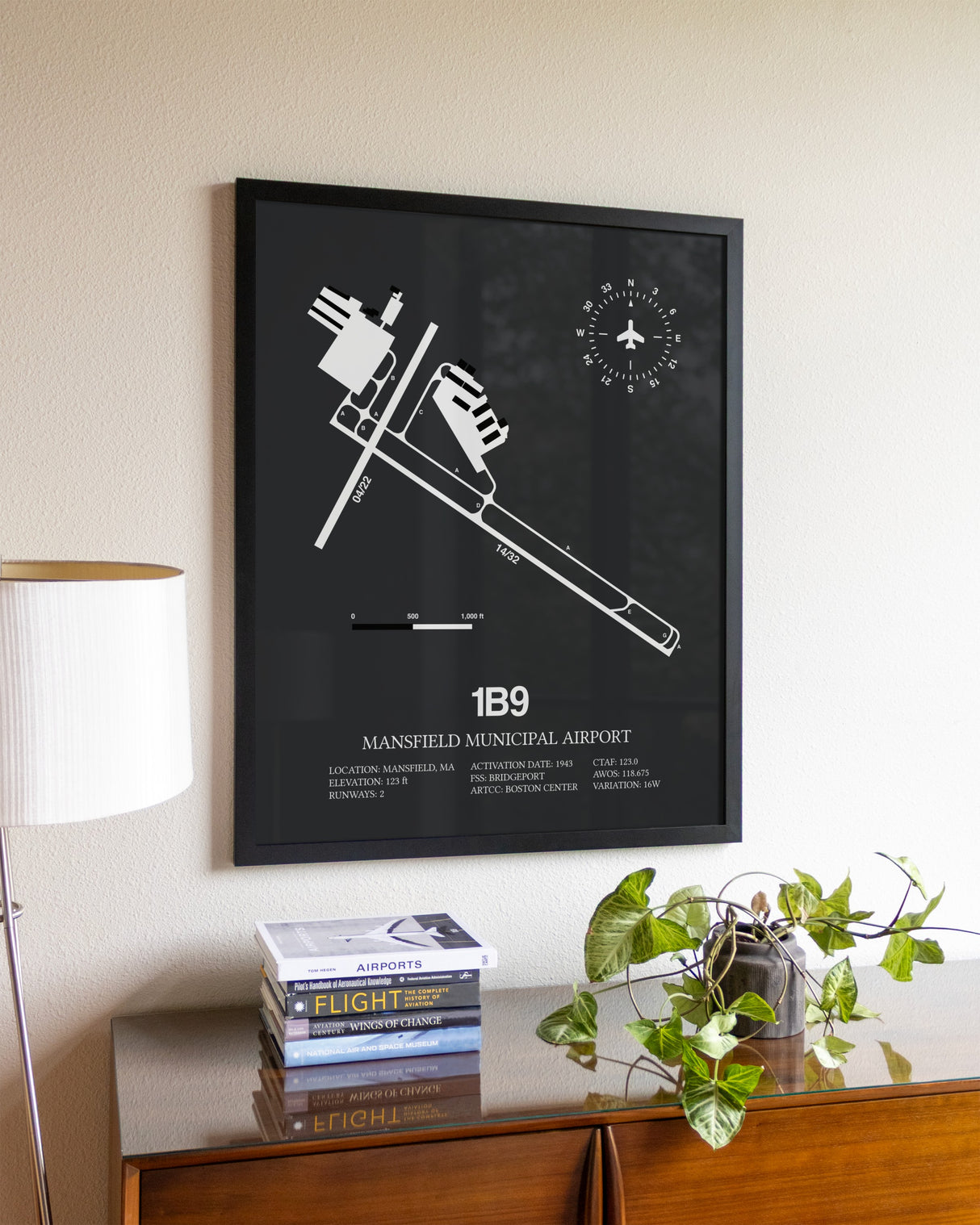 Gray Framed Mansfield Municipal Airport wall art poster in black frame