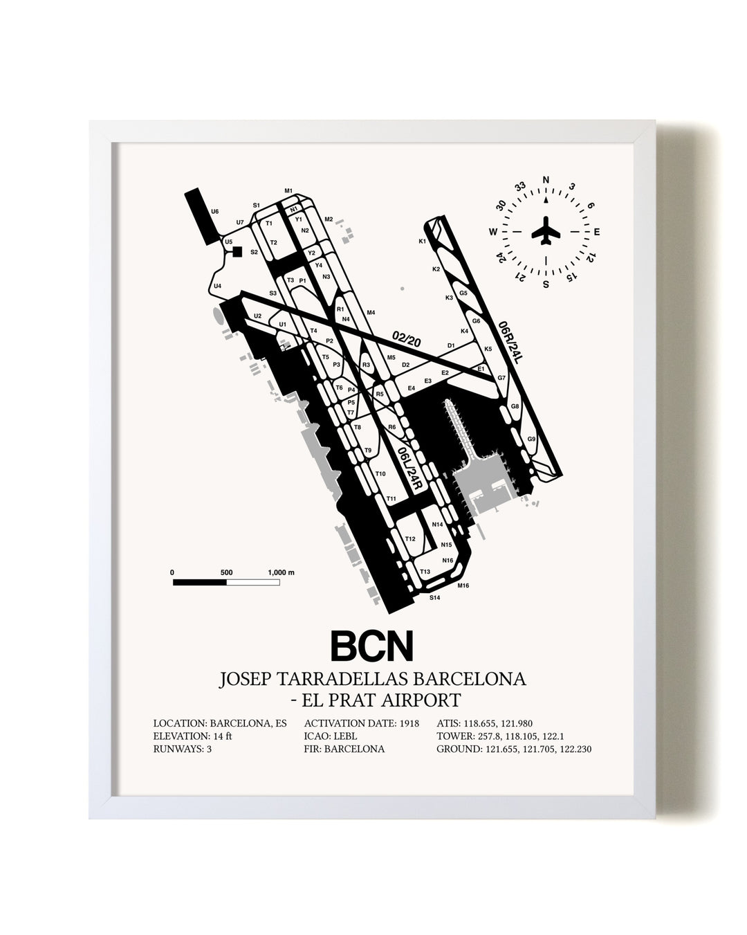 Josep Tarradellas Barcelona-El Prat Airport airport map poster in oak frame