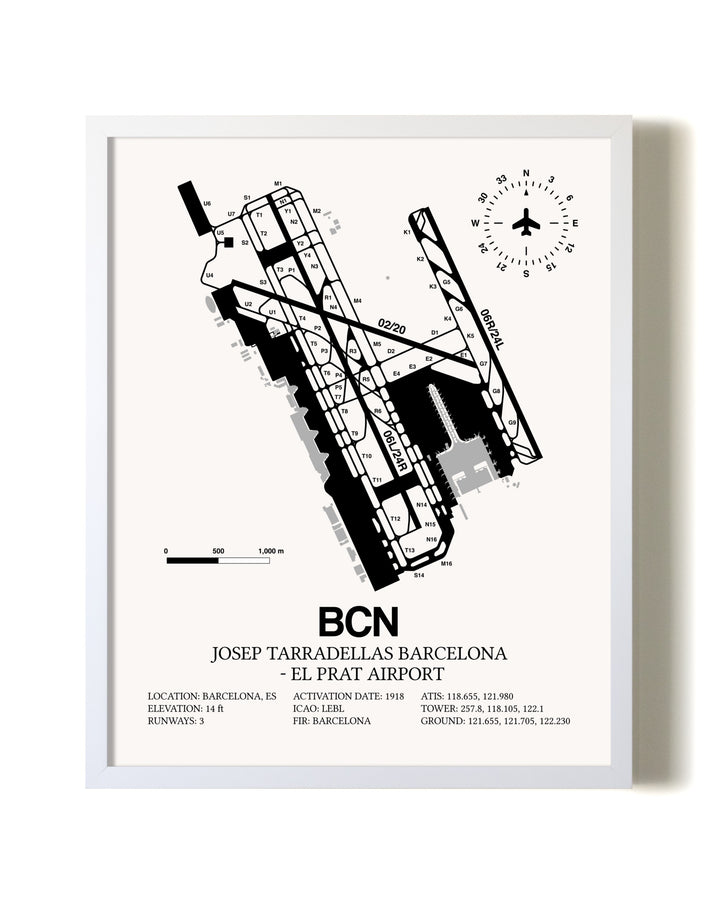 Josep Tarradellas Barcelona-El Prat Airport airport map poster in oak frame