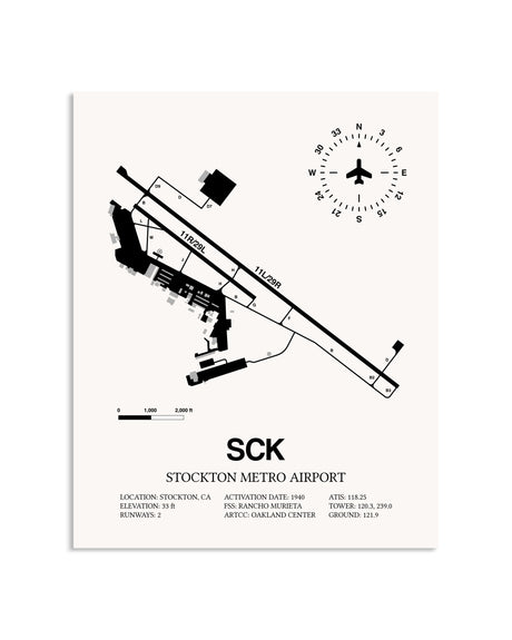 Gray Stockton Metro Airport framed poster displayed in an airplane hangar