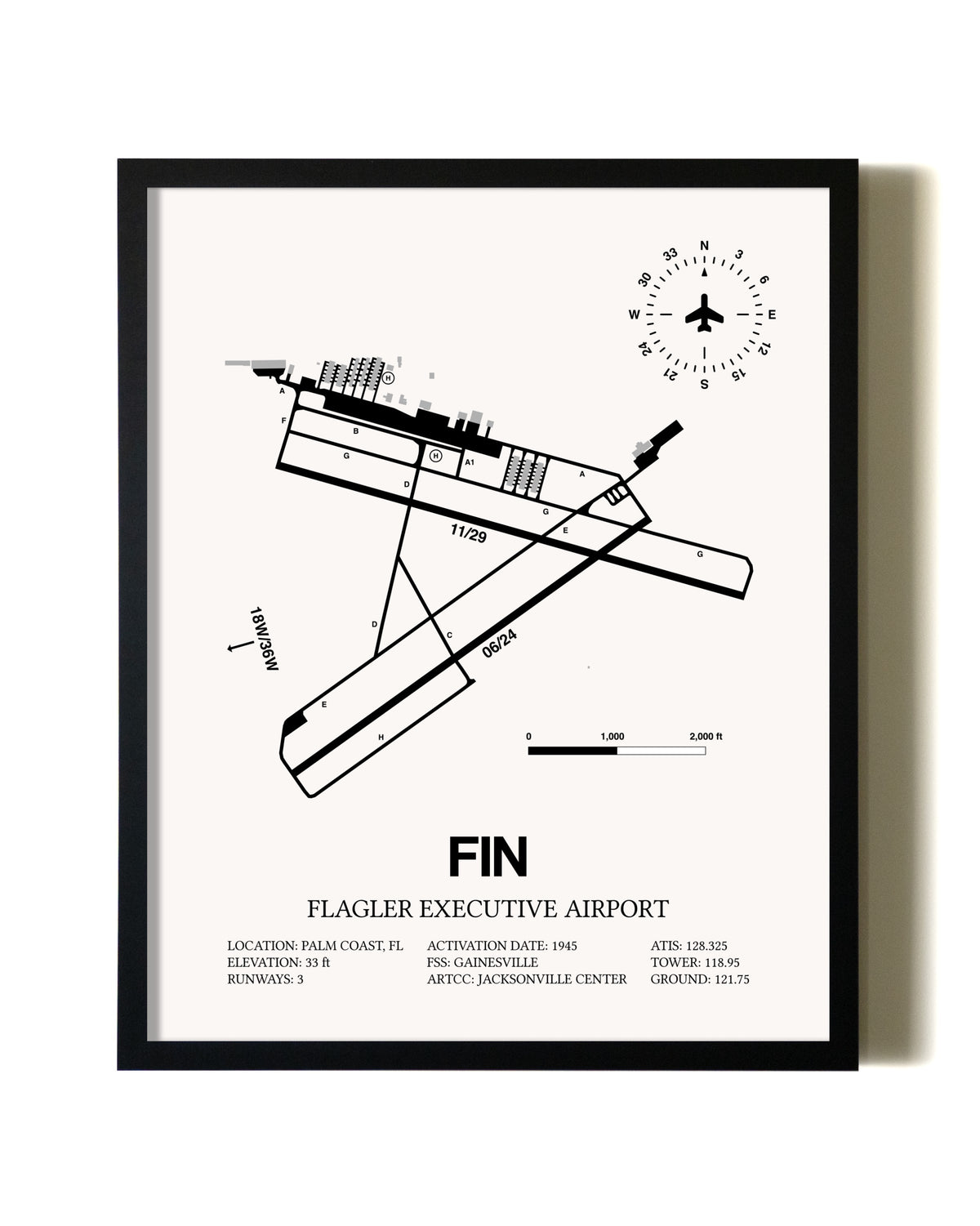 Framed Flagler Executive Airport wall art poster in black frame